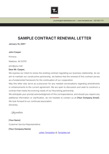 Free Sample Contract Renewal Letter Template to Edit Online
