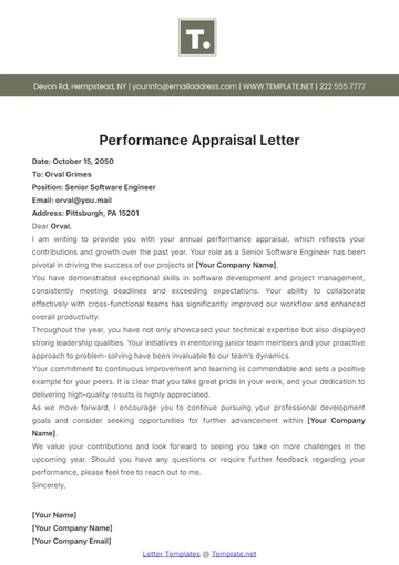 Free Performance Appraisal Letter Template to Edit Online