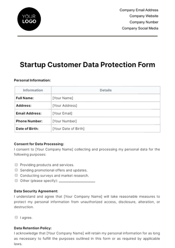 Free Startup Customer Data Protection Form Template to Edit Online
