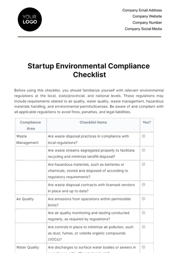 Free Startup Environmental Compliance Checklist Template to Edit Online