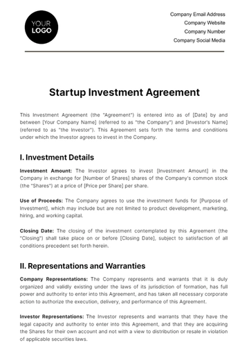Free Startup Investment Agreement Template to Edit Online