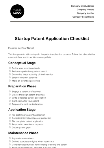 Free Startup Patent Application Checklist Template to Edit Online