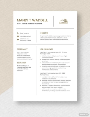 Hotel Food & Beverage Manager Resume