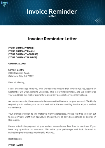 Free Invoice Reminder Letter Template to Edit Online