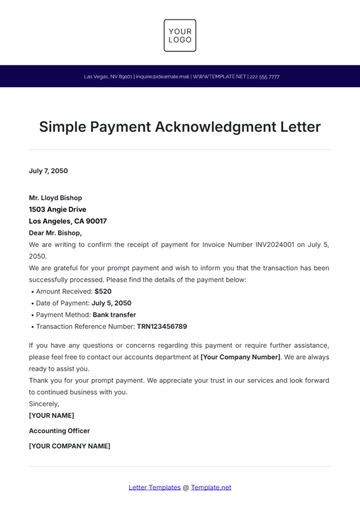 Free Simple Payment Acknowledgment Letter Template to Edit Online