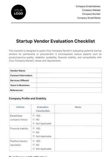 Free Startup Vendor Evaluation Checklist Template to Edit Online