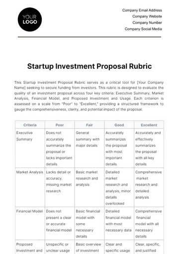 Free Startup Investment Proposal Rubric Template to Edit Online Free Startup Investment Proposal Rubric Template to Edit Online