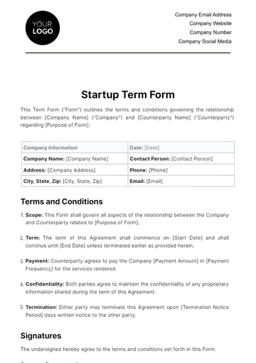 Free Startup Term Form Template to Edit Online