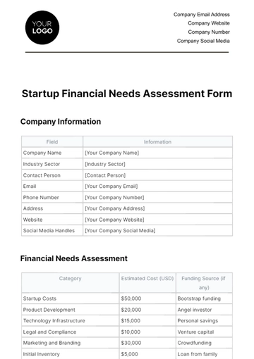 Free Startup Financial Needs Assessment Form Template to Edit Online
