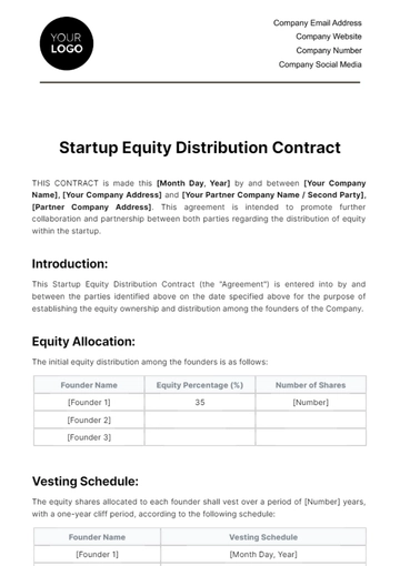 Free Startup Equity Distribution Contract Template to Edit Online