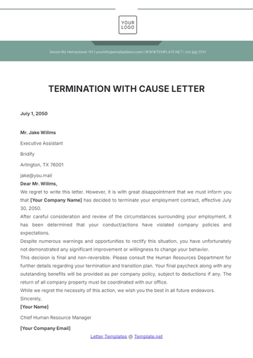 Free Termination with Cause Letter Template to Edit Online
