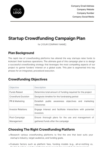 Free Startup Crowdfunding Campaign Plan Template to Edit Online