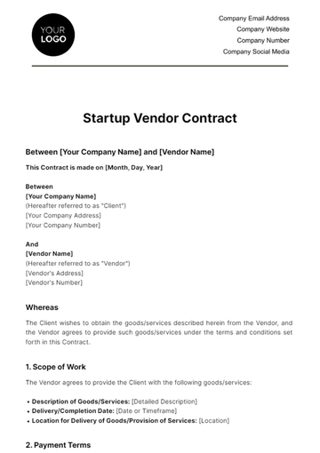 Free Startup Vendor Contract Template to Edit Online