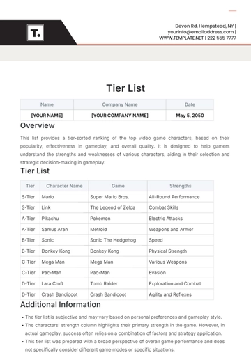 Free Tier List Template to Edit Online