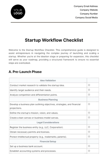 Free Startup Workflow Checklist Template to Edit Online