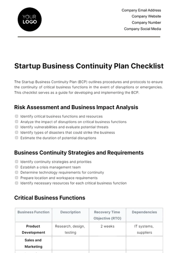 Free Startup Business Continuity Plan Checklist Template to Edit Online