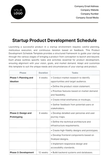 Free Startup Product Development Schedule Template to Edit Online