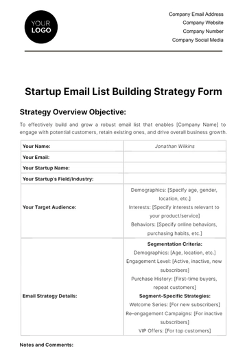 Free Startup Email List Building Strategy Form Template to Edit Online