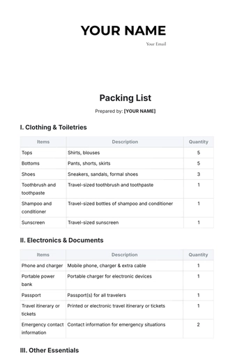Free Packing List Layout Template to Edit Online