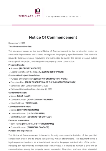 Free Notice of Commencement Template to Edit Online
