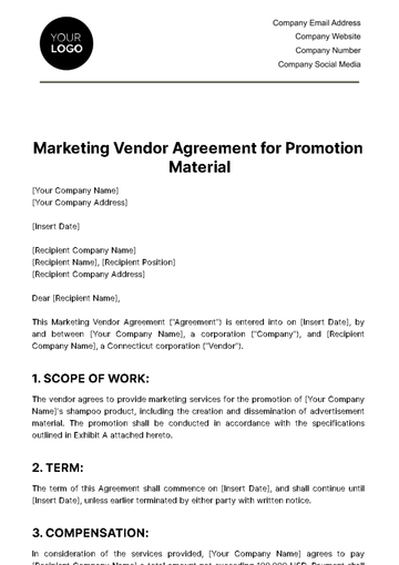 Free Marketing Vendor Agreement for Promotion Material Template to Edit Online