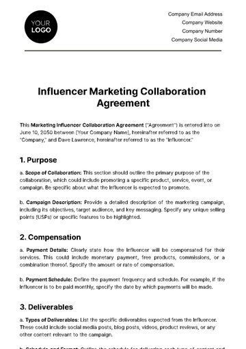 Free  Marketing Influencer Collaboration Agreement Template to Edit Online