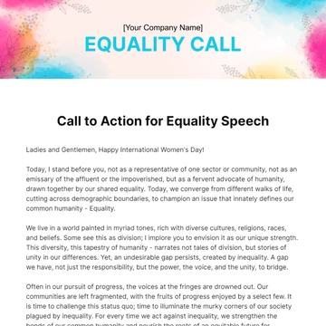 Free Call to Action for Equality Speech Template to Edit Online