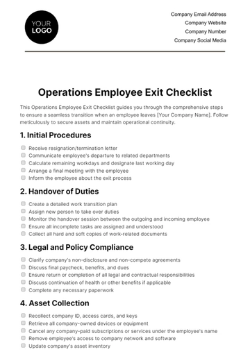 Free Operations Employee Exit Checklist Template to Edit Online