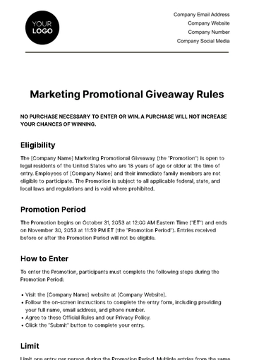Free Marketing Promotional Giveaway Rules Template to Edit Online
