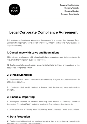 Free   Legal Corporate Compliance Agreement Template to Edit Online