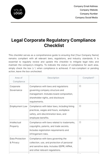 Free Legal Corporate Regulatory Compliance Checklist Template to Edit Online