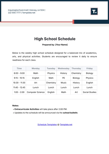 Free High School Schedule Template to Edit Online