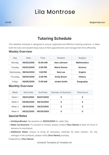 Free Tutoring Schedule Template to Edit Online