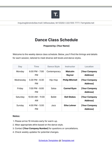 Free Dance Class Schedule Template to Edit Online