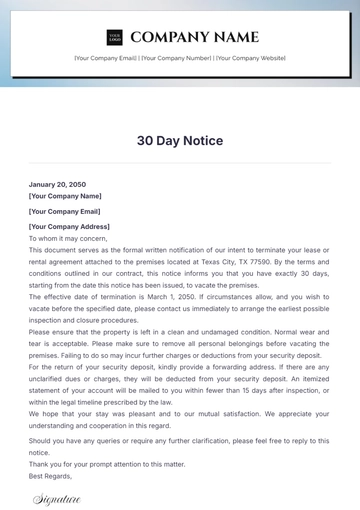 Free 30 Day Notice Format Template to Edit Online