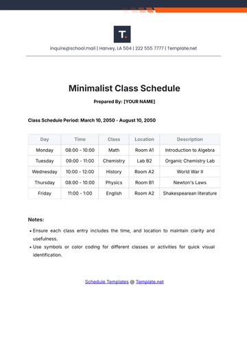 Free Minimalist Class Schedule Template to Edit Online