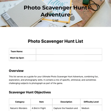 Free Photo Scavenger Hunt List Template to Edit Online