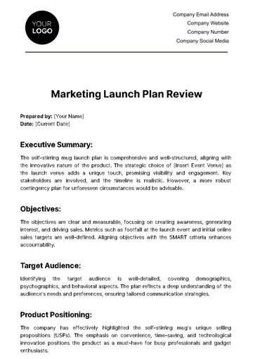 Free Marketing Launch Plan Review Template to Edit Online