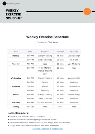 Free Weekly Exercise Schedule Template to Edit Online