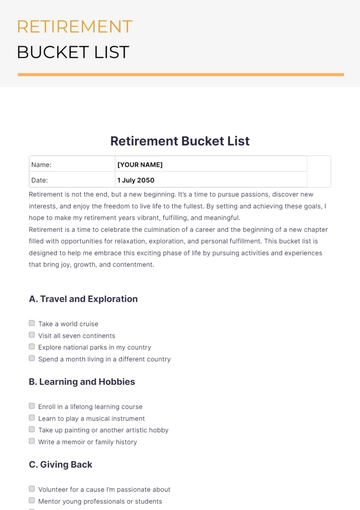 Free Retirement Bucket List Template to Edit Online