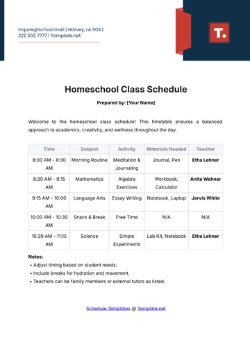 Free Homeschool Class Schedule Template to Edit Online