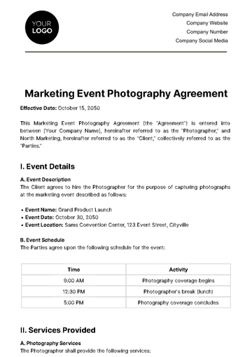 Free Marketing Event Photography Agreement Template to Edit Online