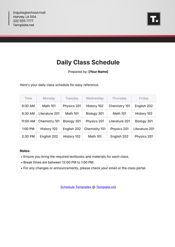 Free Daily Class Schedule Template to Edit Online
