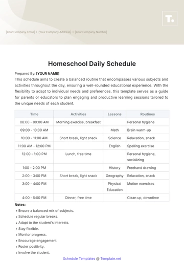 Free Homeschool Daily Schedule Template to Edit Online