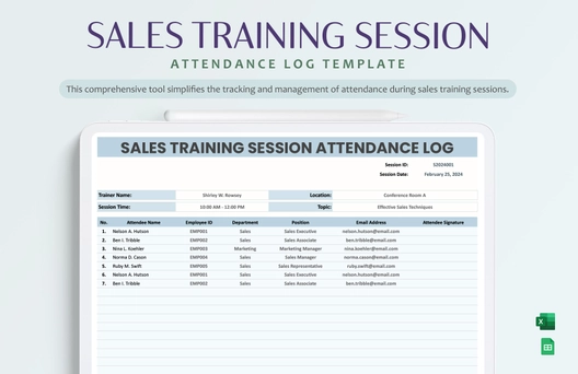 Sales Training Session Attendance Log Template