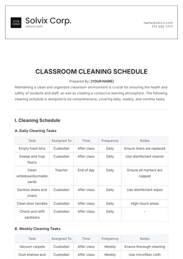 Free Classroom Cleaning Schedule Template to Edit Online