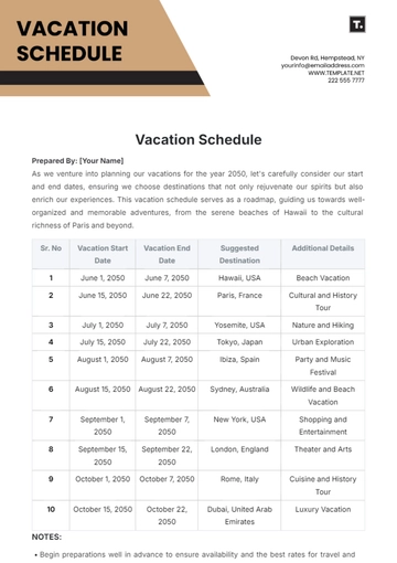 Free Vacation Schedule Template to Edit Online
