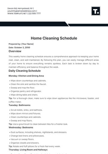 Free Home Cleaning Schedule Template to Edit Online