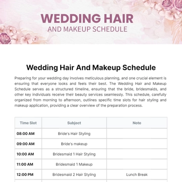 Free Wedding Hair And Makeup Schedule Template to Edit Online