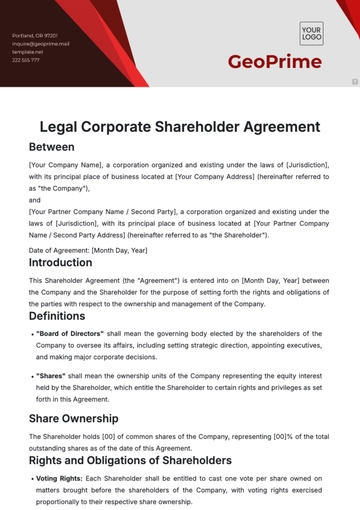 Free Legal Corporate Shareholder Agreement Template to Edit Online